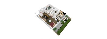 3d floor plan of a house with a bedroom and a living room