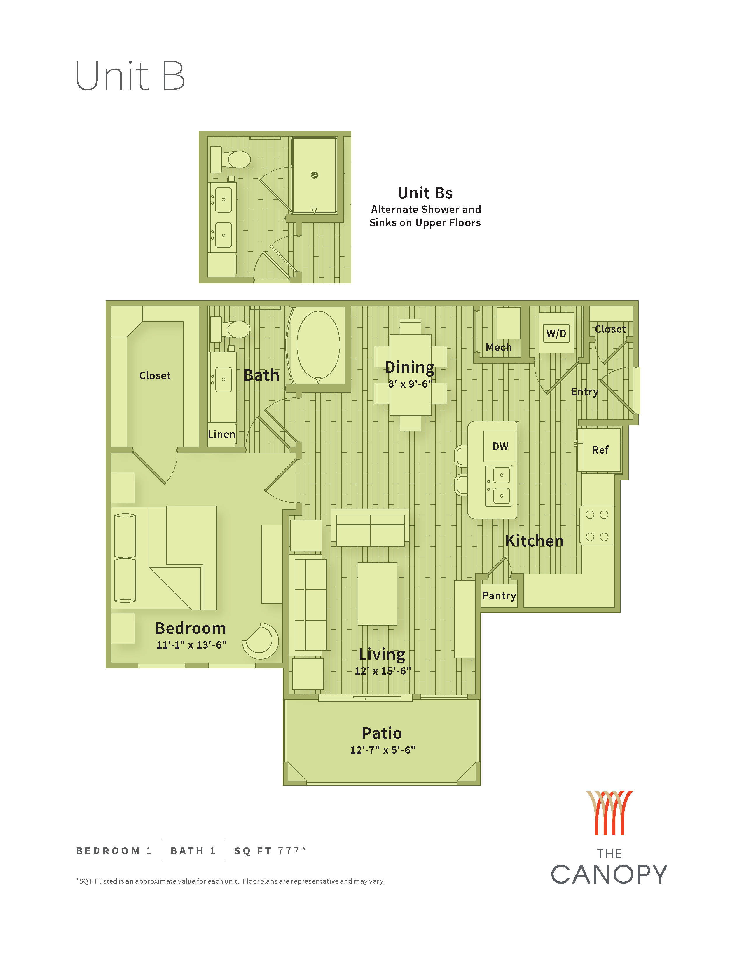 A floor plan of a unit with a bedroom, bathroom, kitchen, dining area and living room.