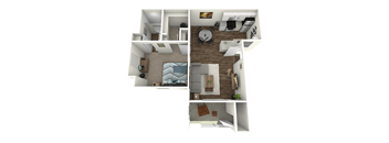 A series of four images showing different views of a modern apartment.