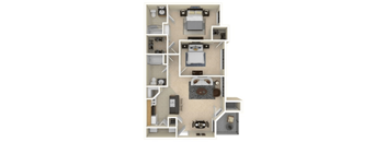 A floor plan of a small apartment with a kitchen, living room, and bathroom.