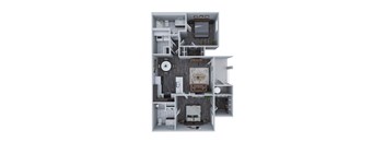 A 3D floor plan of a modern apartment with a living room, kitchen, and bedroom.