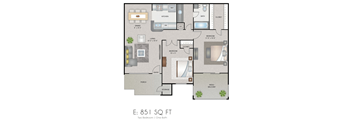 A floor plan of a two bedroom apartment with one bath.