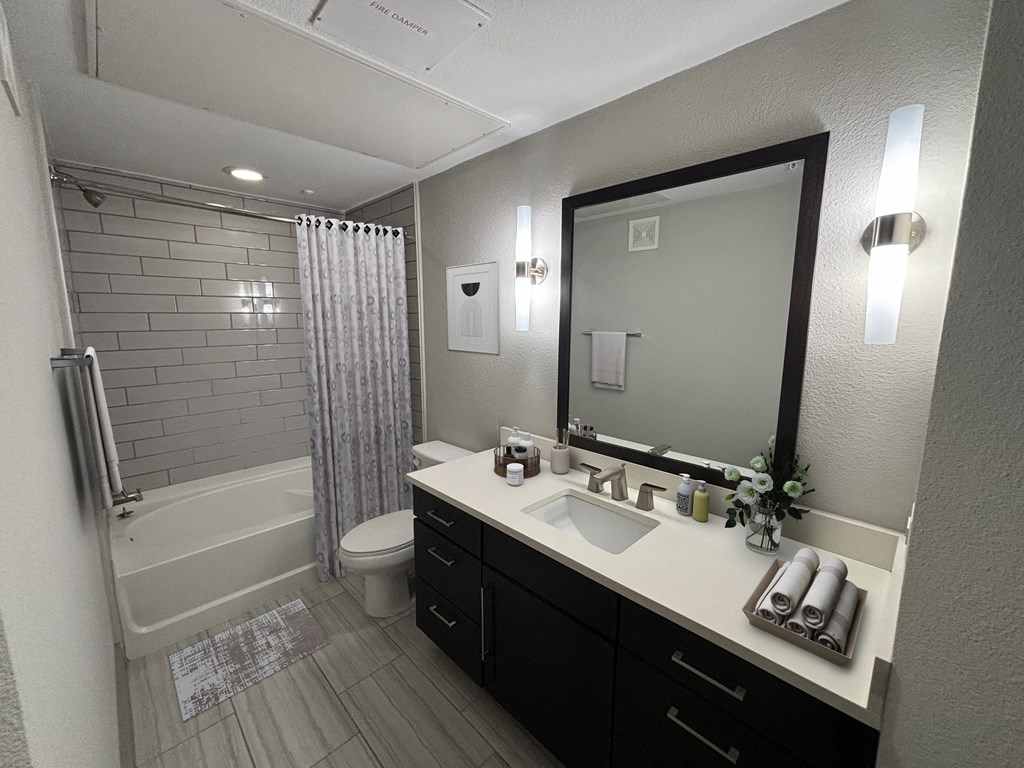 a bathroom with a sink and a shower and a mirror