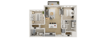 A detailed 3D floor plan of a modern apartment layout.