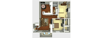A 3D rendered image of a small apartment layout.
