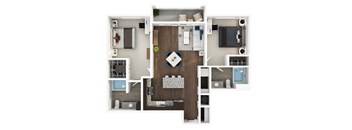A top-down view of a house layout with a central living room, kitchen, and bedrooms.
