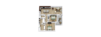 A top-down view of a house layout with a living room, kitchen, and two bedrooms.