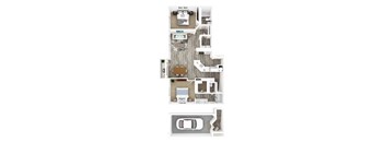 A top-down view of a house layout with a car parked in the driveway.