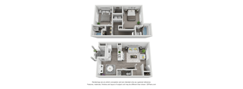 A 3D floor plan of a house with two bedrooms, a living room, a kitchen, and a bathroom.