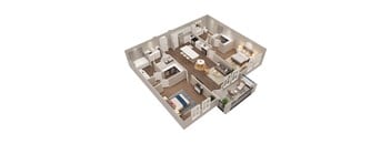 A 3D floor plan of a house with a kitchen, living room, dining room, and bedrooms.