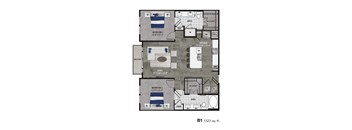 A floor plan of a one bedroom apartment with a balcony.