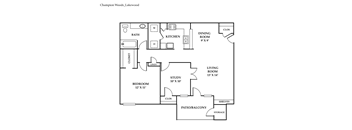 A floor plan of a home layout with a living room, dining room, kitchen, bathroom, bedroom, patios and storage.