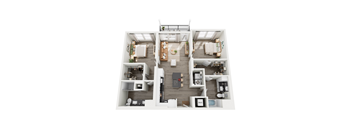 A top-down view of a modern apartment layout.