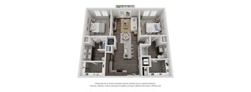 A 3D floor plan of a house with a kitchen, living room, and two bedrooms.