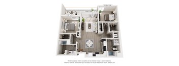 A 3D floor plan of a house with a living room, kitchen, and two bedrooms.