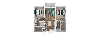 a stylized floor plan of a bedroom with furniture and a living room