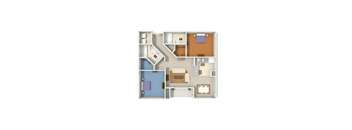 A floor plan of a house with a kitchen, living room, and two bedrooms.