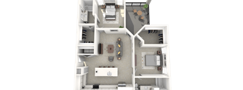 A top-down view of a house layout with a kitchen, living room, and bedrooms.