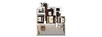 A top-down view of a house with a kitchen, living room, and dining area.