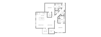 A floor plan of a house with a kitchen, dining room, living room, and bedrooms.