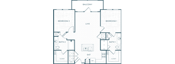 A floor plan of a home with two bedrooms, a live area, a bathroom, a closet, and an eat area.