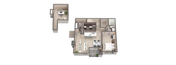 A 3D floor plan of a house with a kitchen, living room, and bathroom.