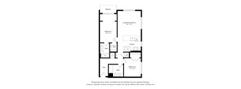 A floor plan of a small apartment with two bedrooms, a living room, a kitchen, and a bathroom.