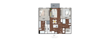 A floor plan of a two bedroom, two bath condo with a living room, dining room, kitchen, and balcony.