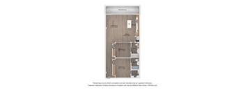 A floor plan of a small apartment with a living room, dining room, kitchen, and two bedrooms.