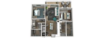 A 3D floor plan of a small apartment with a kitchen, living room, and bathroom.