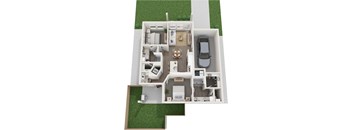 A 3D floor plan of a house with a kitchen, living room, dining room, and two bedrooms.