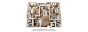 A 3D floor plan of a house with labeled rooms.
