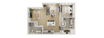 A top-down view of a modern apartment layout with a kitchen, living room, and bedrooms.