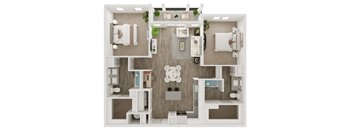 A top-down view of a small, neatly organized apartment with a kitchen, living room, and bathroom.