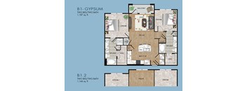 A floor plan of a two bedroom apartment with a balcony.