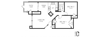 2 bed, 1 bath, 855 sq. ft. From the entry door, the living room is straight ahead, leading to a patio with outdoor storage. To the left of the living room is the dining area and kitchen. To the right of the living room are two bedrooms separated by the bathroom, with closets located next to each bedroom.