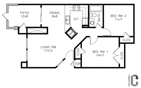 2 bed, 1 bath, 855 sq. ft. From the entry door, the living room is straight ahead, leading to a patio with outdoor storage. To the left of the living room is the dining area and kitchen. To the right of the living room are two bedrooms separated by the bathroom, with closets located next to each bedroom.