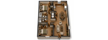 A 3D floor plan of a house with labeled rooms.