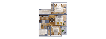 A floor plan of a house with a living room, two bedrooms, a bathroom, and a kitchen.