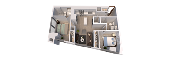 A 3D floor plan of a house with multiple rooms and furniture.