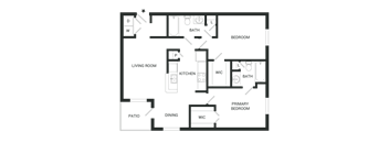 A floor plan of a house with a living room, dining room, kitchen, two bedrooms, and a bathroom.