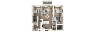 A 3D floor plan of a house showing a kitchen, living room, and two bedrooms.