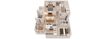 A top-down view of a well-organized apartment with a bedroom, living room, kitchen, and bathroom.