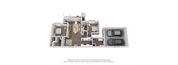 a stylized 3d floor plan with a car and a balcony