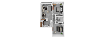 a bedroom with a bed and a chair a desk and a mirror