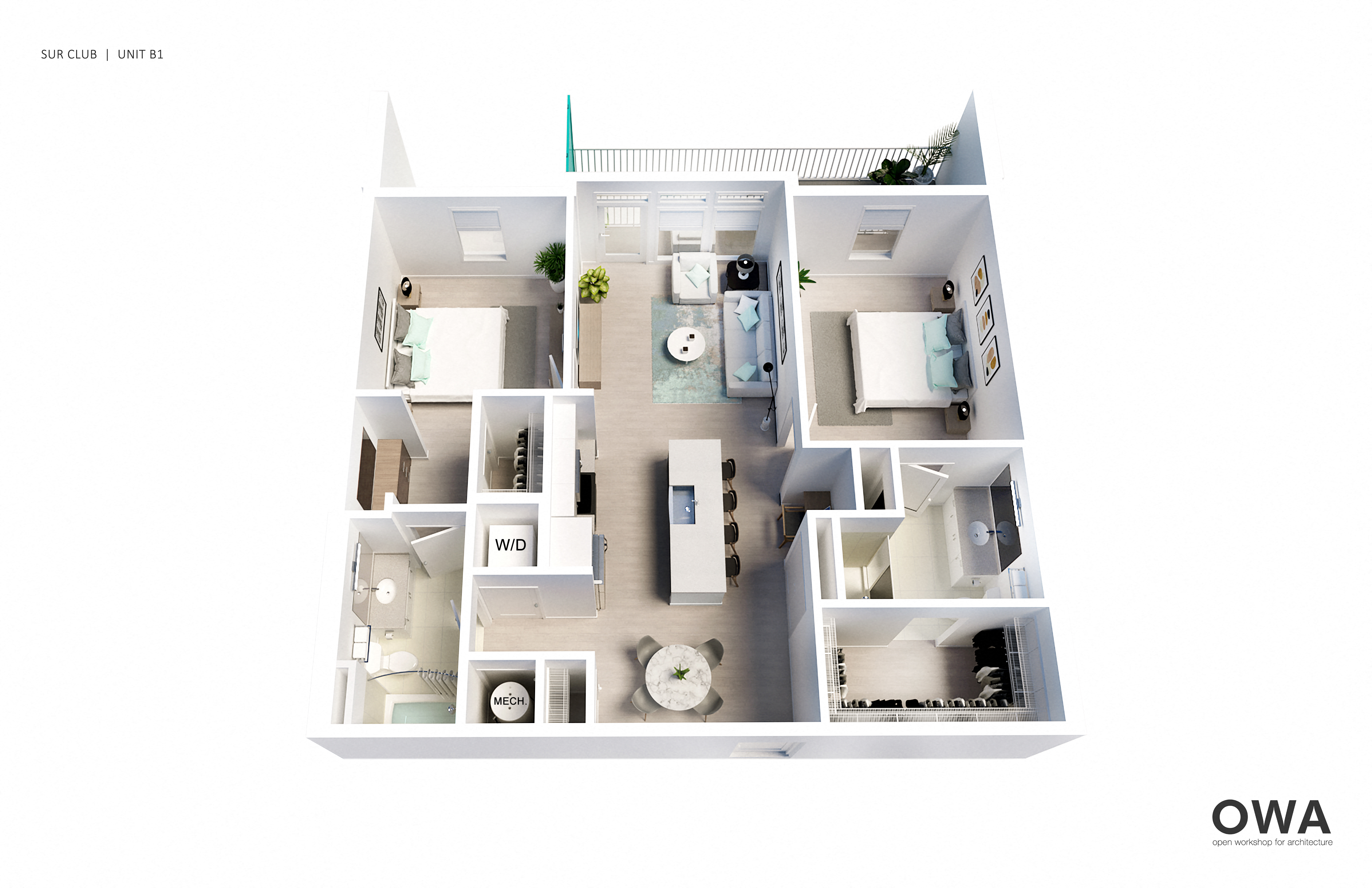 A floor plan of a small apartment with a living room, kitchen, and two bedrooms.