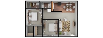 A series of images showing a top-down view of a room with a dining table, chairs, and a kitchen area.