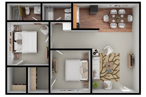 A series of images showing a top-down view of a room with a dining table, chairs, and a kitchen area.