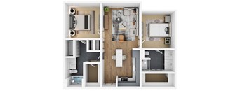 A top down view of a small apartment with a kitchen, living room, and bathroom.
