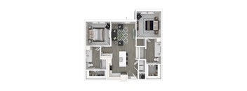 A top-down view of a modern apartment layout with a kitchen, living room, and bathroom.